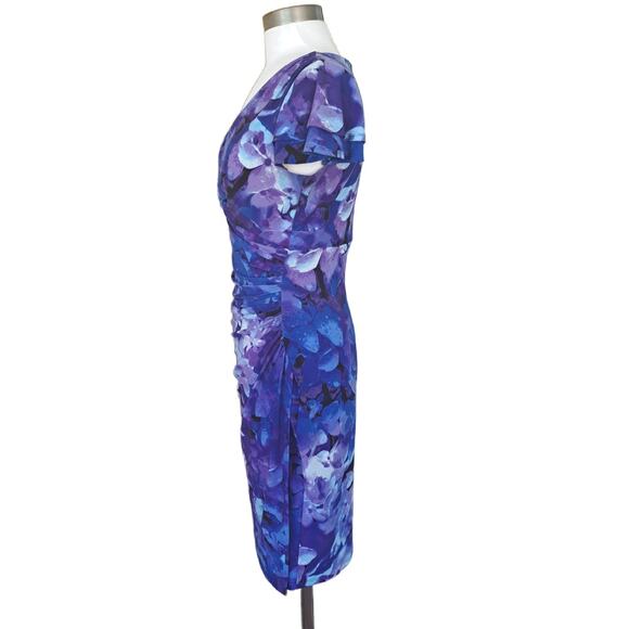 LAUREN Ralph Lauren Purple Blue Floral V-neck Jersey Dress Size 4 Flutter Sleeve - Picture 3 of 8